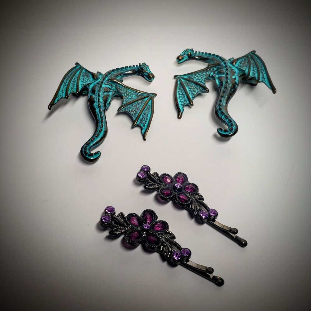 Whimsical/Magical Hair Clips/Barrettes Lot of 2 Sets Dragons/Floral Cottage Ren.